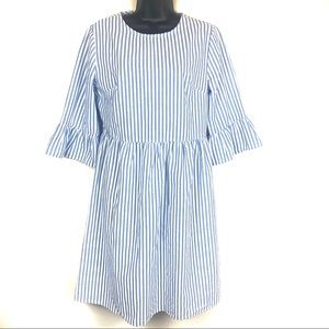 Ces Femme Blue & White Striped Dress Size 6 Ruffle Sleeve 100% Cotton